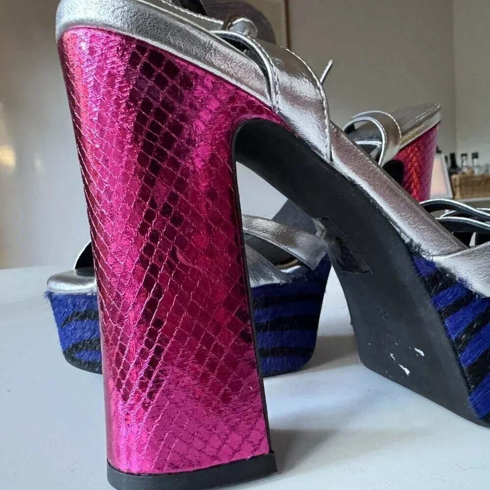 Jeffrey Campbell Rockin' Out Ankle Strap Platform Sandal Blue Zebra Calf Hair